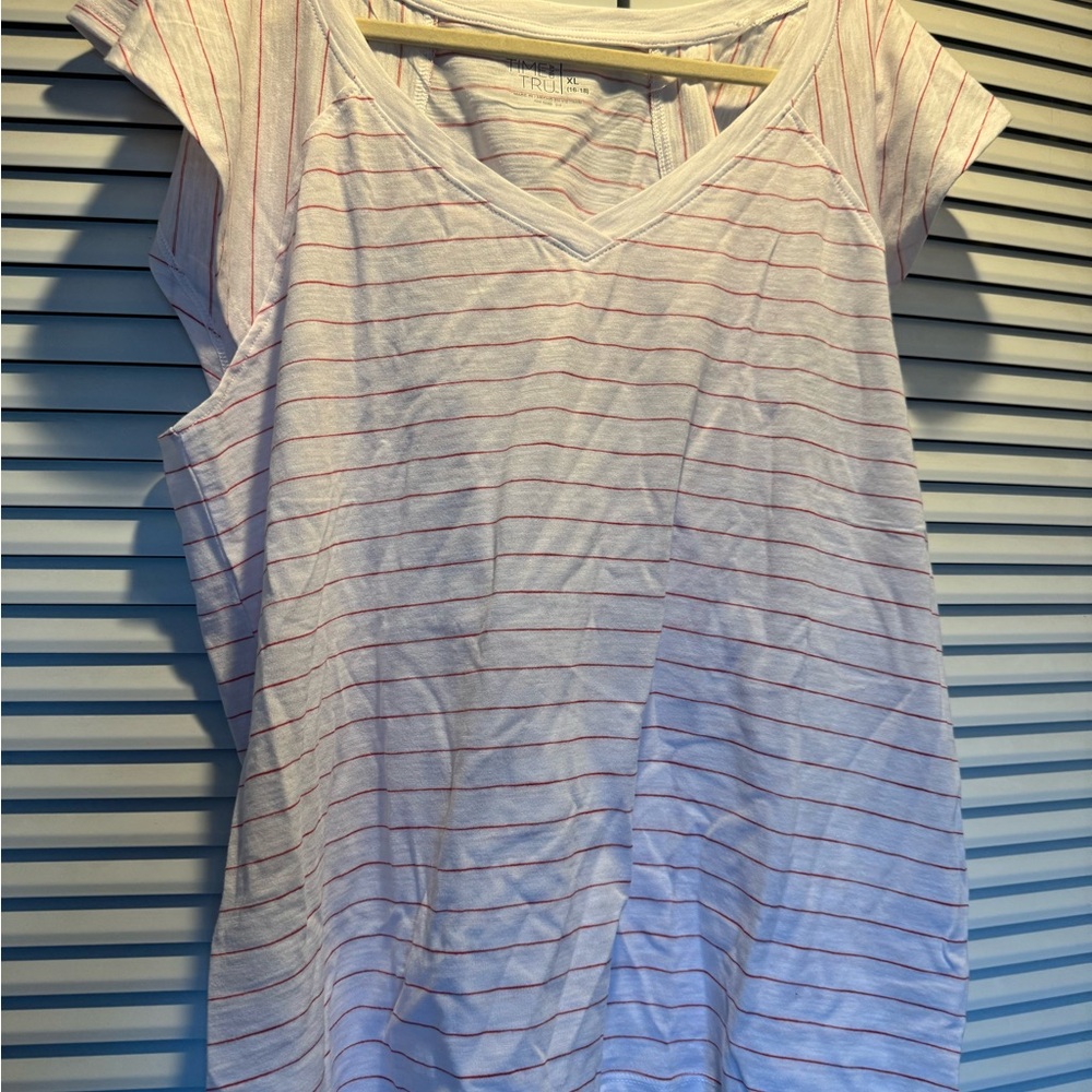 Time and Tru White V-Neck Tee with Pink Stripes